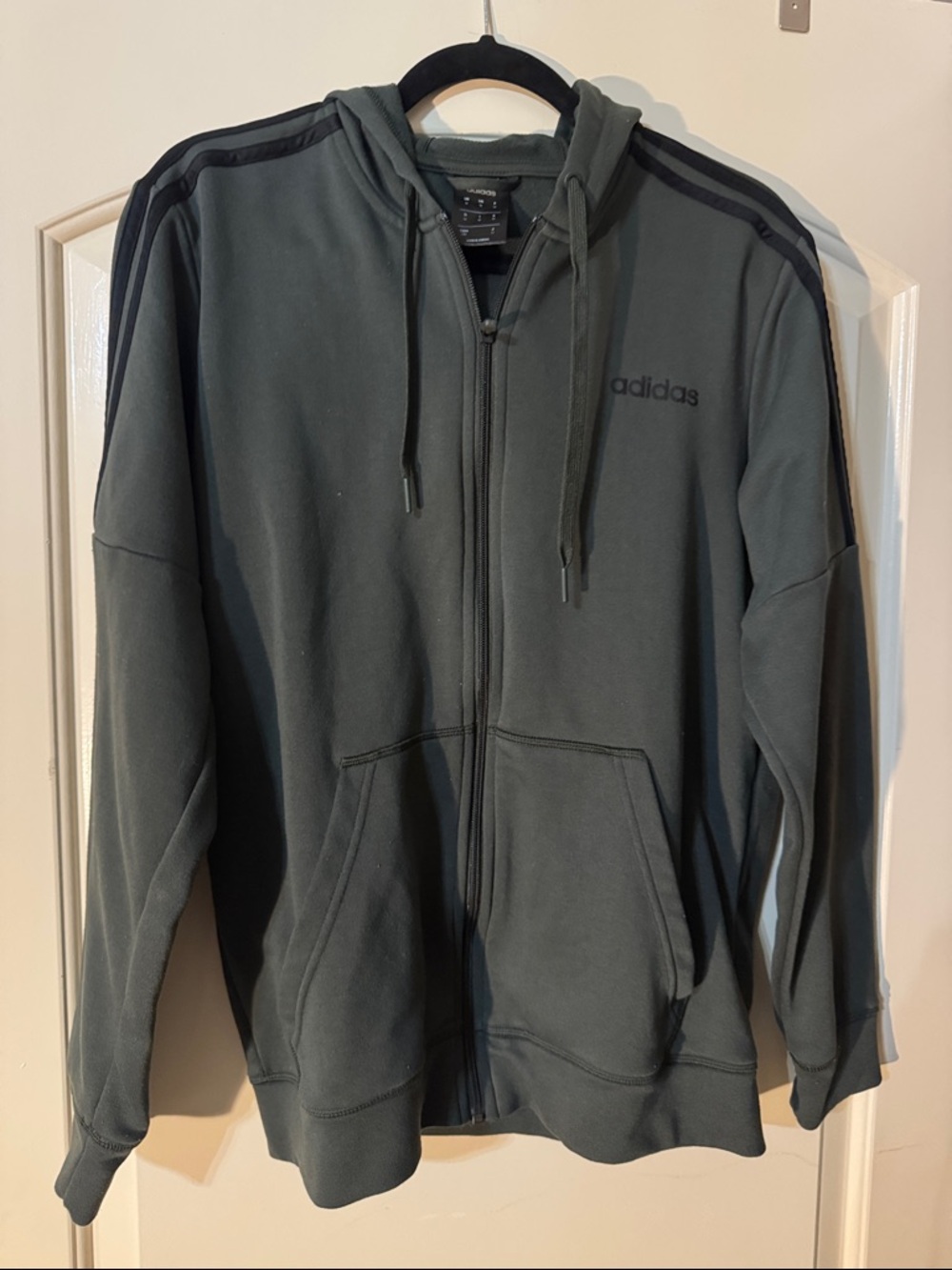 adidas Men's Zip-Up Hoodie in Olive Green with Black Stripes M